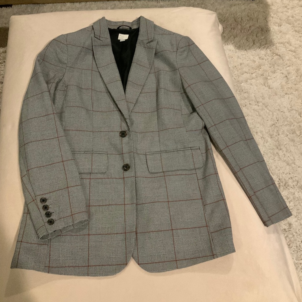 A New Day Grey/Red/White Glen Plaid Blazer Oversized Officecore Scandi Classic